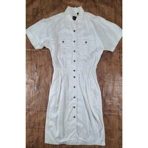 Vintage 80s Liz Sport Denim Dress Women's Medium Button Front Midi Dress White